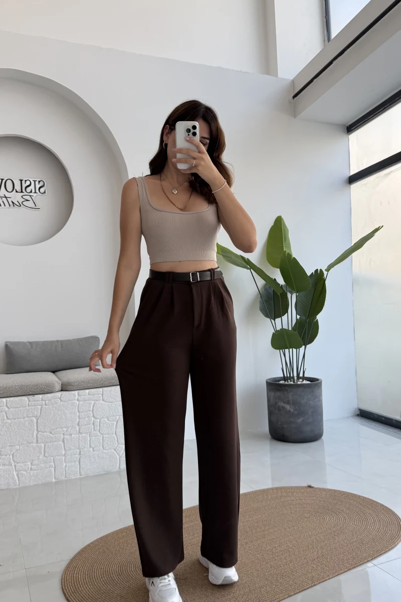 Çift Pile Detay Kemerli Örme Pantolon - Acı Kahve