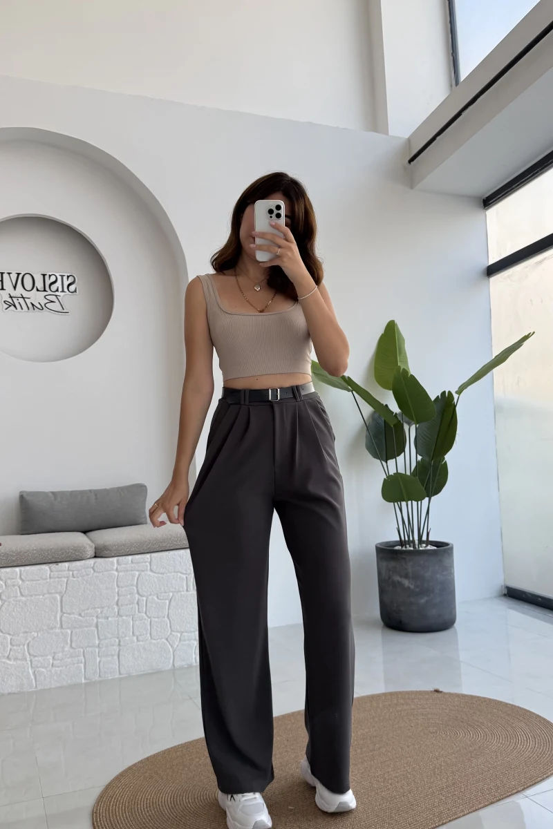 Çift Pile Detay Kemerli Örme Pantolon - Antrasit