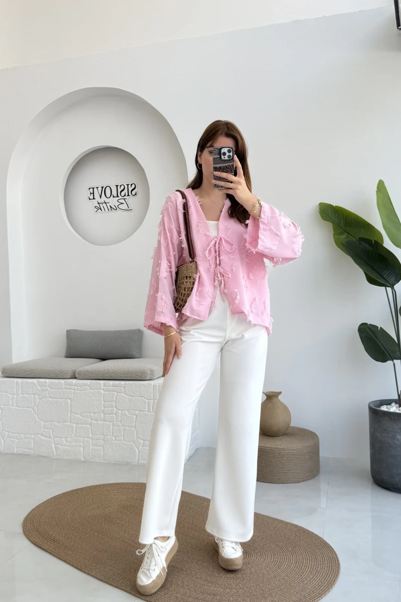 Çift Pile Detay Kemerli Örme Pantolon - Beyaz