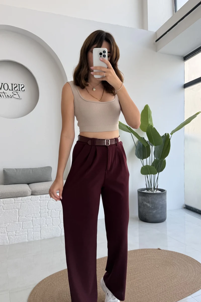 Çift Pile Detay Kemerli Örme Pantolon - Bordo