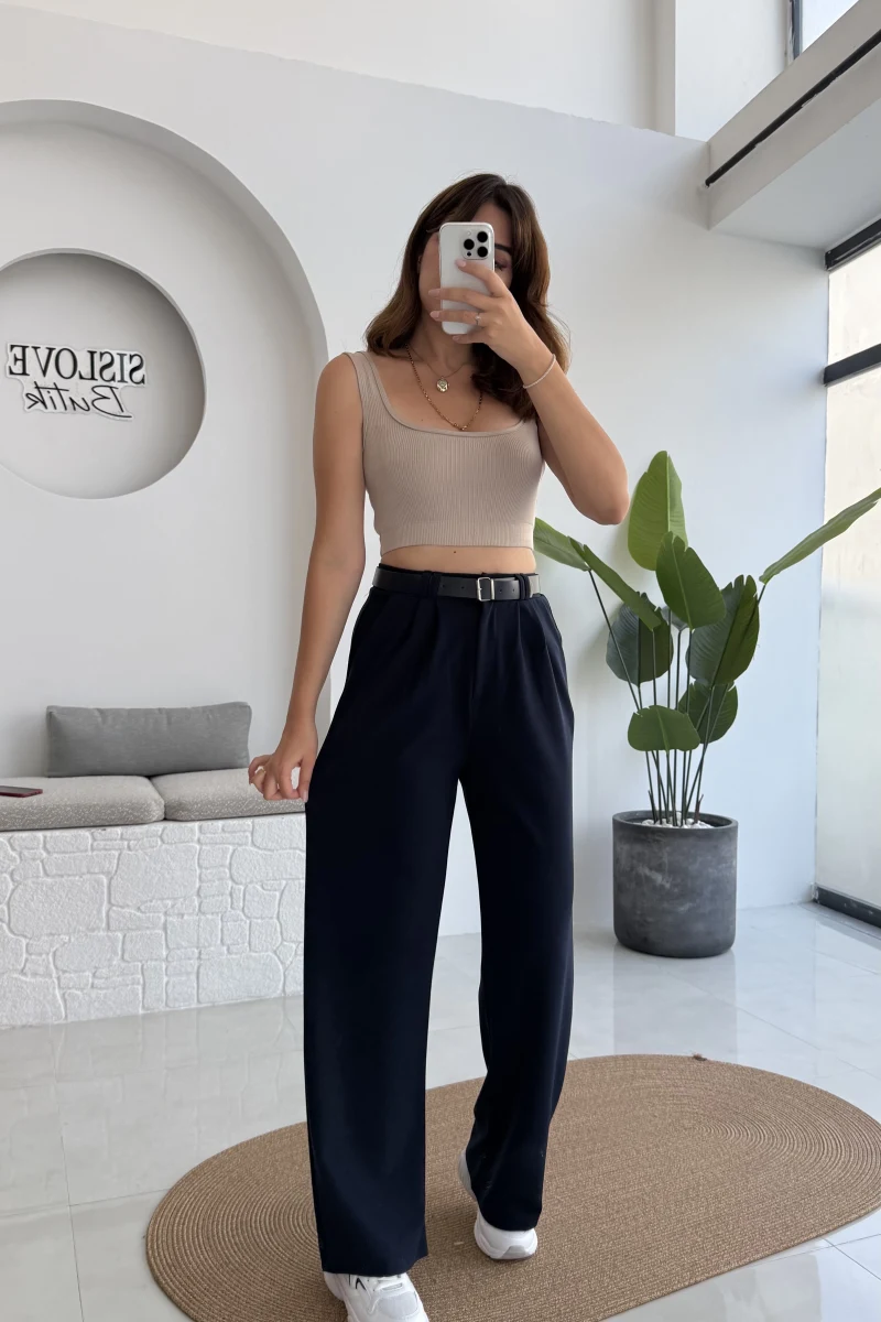 Çift Pile Detay Kemerli Örme Pantolon - Lacivert