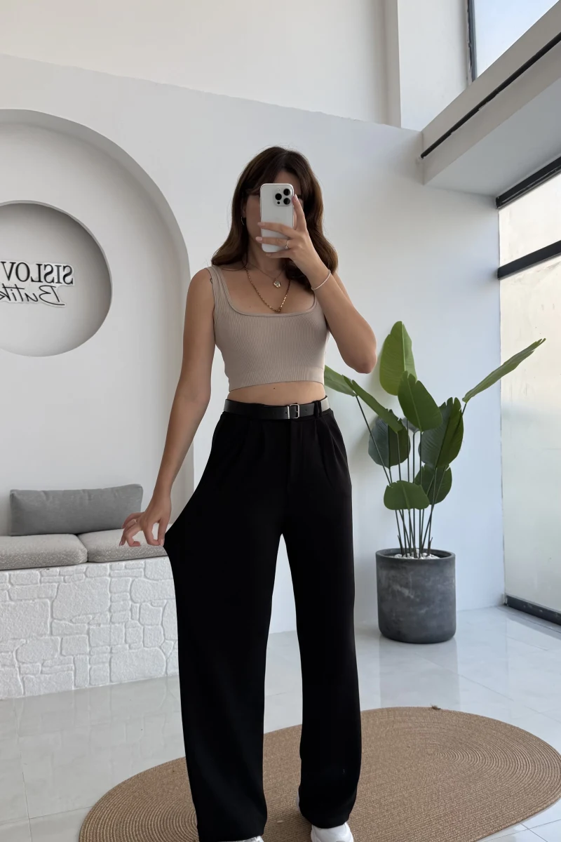 Çift Pile Detay Kemerli Örme Pantolon - Siyah