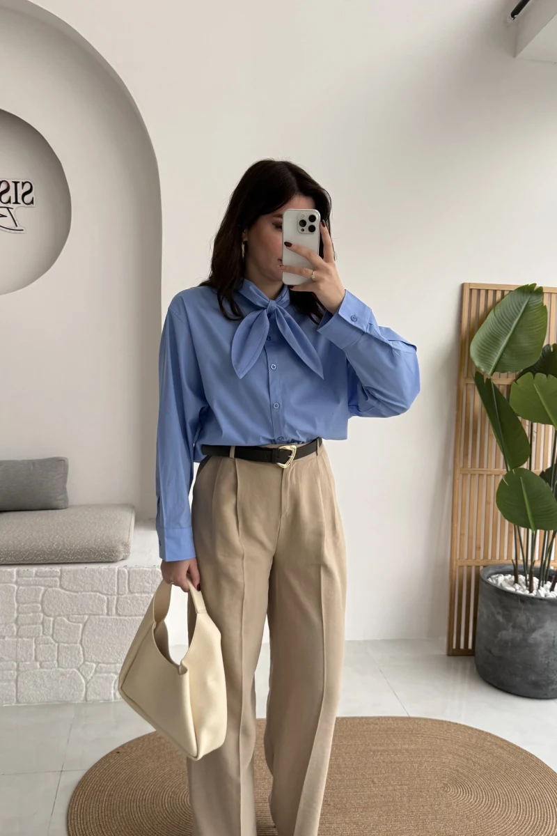 Çift Pileli Kemerli Pantolon - Vizon - Kod: 3875