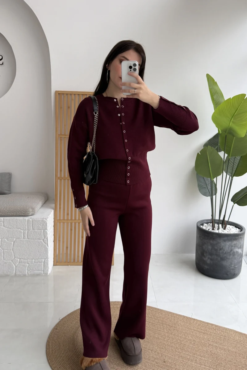 Çıt Çıt Düğme Detay Triko Takım - Mürdüm