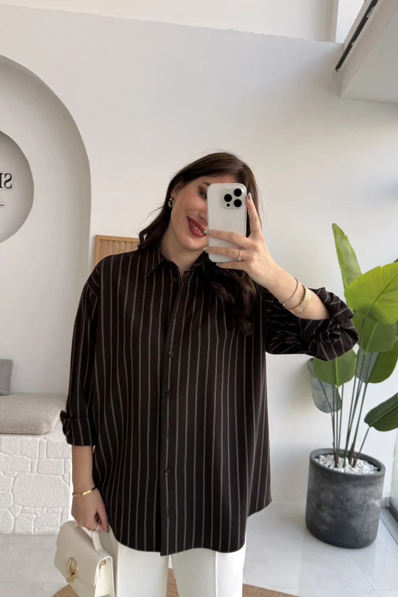 Çizgili Gömlek - Acı Kahve - Kod: 2165