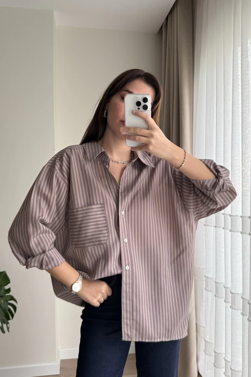 Çizgili Gül Kurusu Gömlek