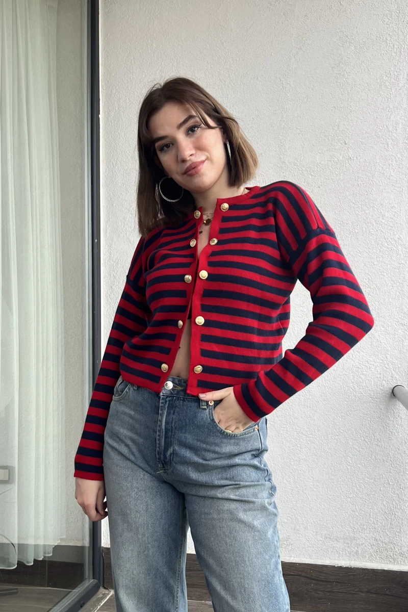Çizgili Kırmızı Çift Düğmeli Hırka