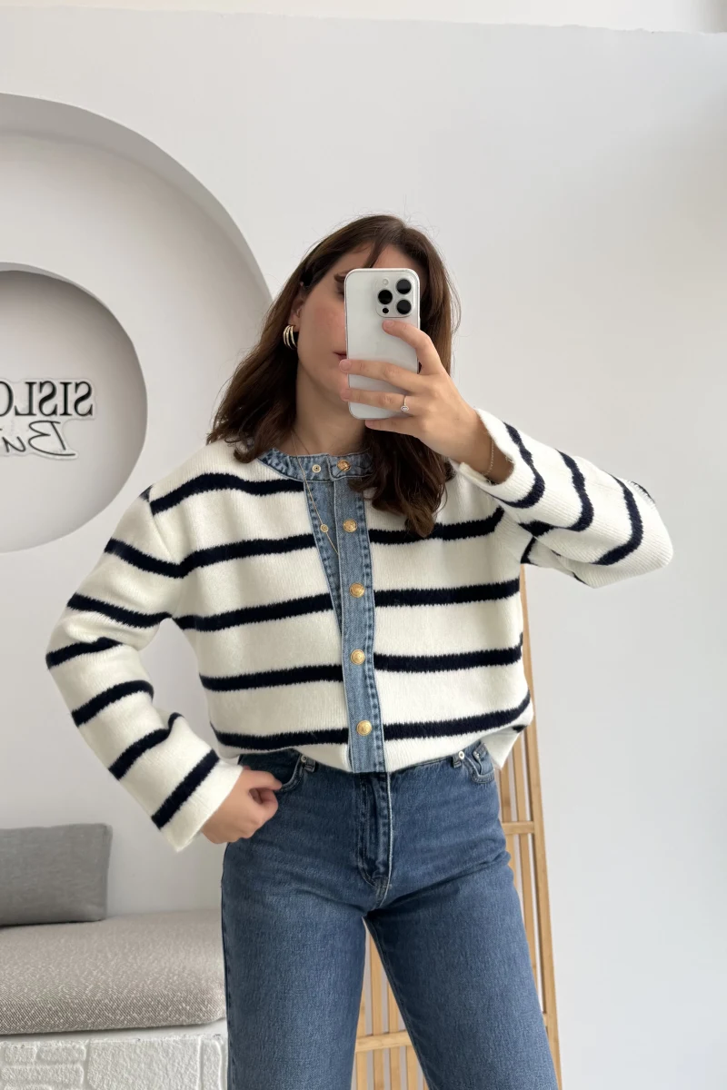 Çizgili Kotlu Triko Hırka