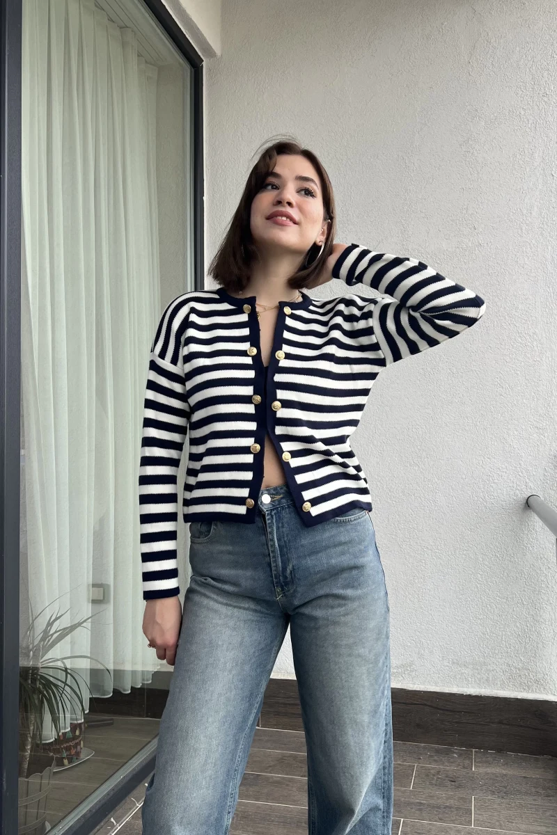 Çizgili Lacivert Çift Düğmeli Hırka