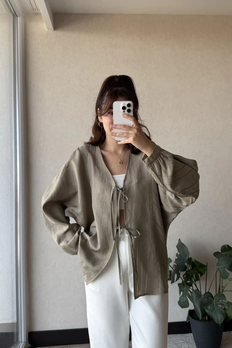 Çizgili Önden Bağlamalı Bluz Haki