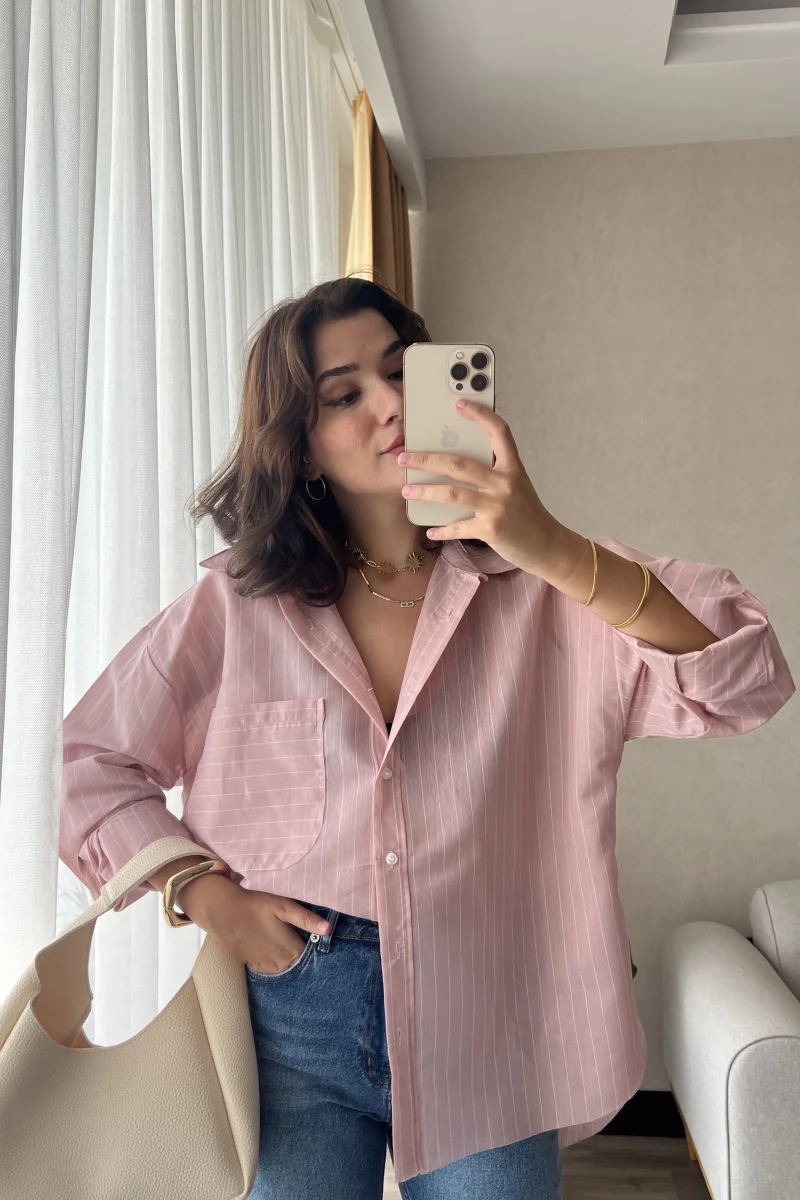 Çizgili Pembe Tunik Gömlek (Kesik Model)