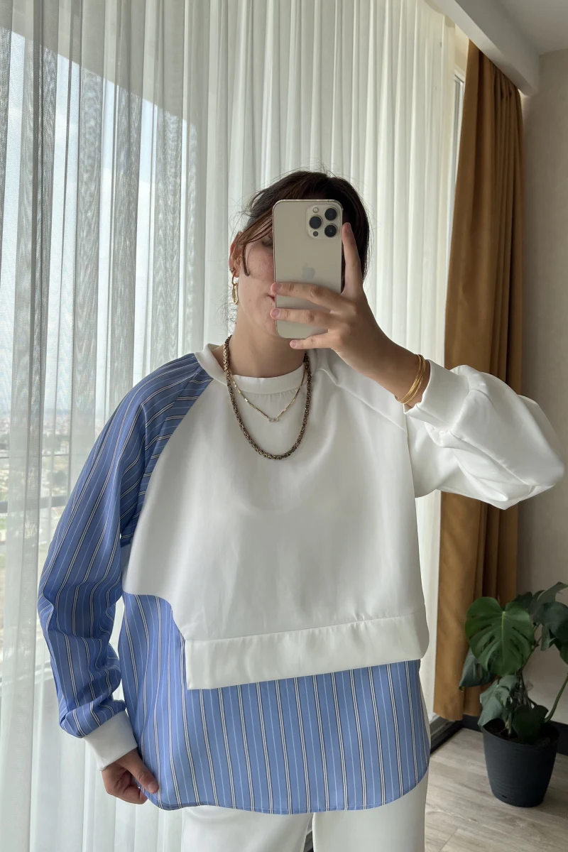 Çizgili Scuba Kumaş Sweat-Gömlek