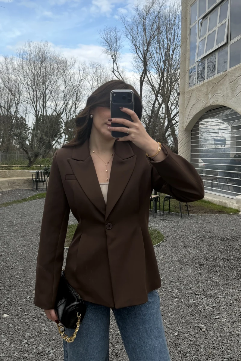 Clarıssa Pileli Tek Düğmeli Blazer Ceket - Acı Kahve - Kod: 4157