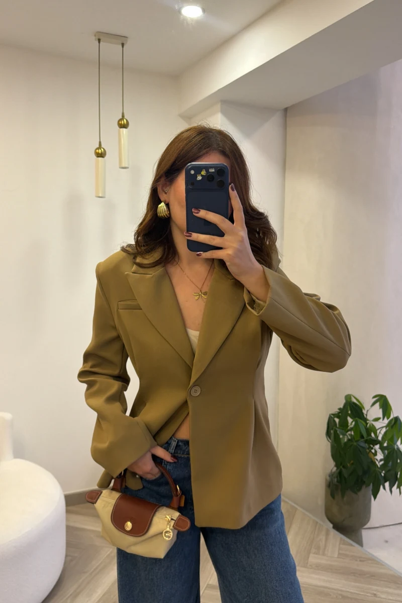 Clarıssa Pileli Tek Düğmeli Blazer Ceket - Olive - Kod: 4157