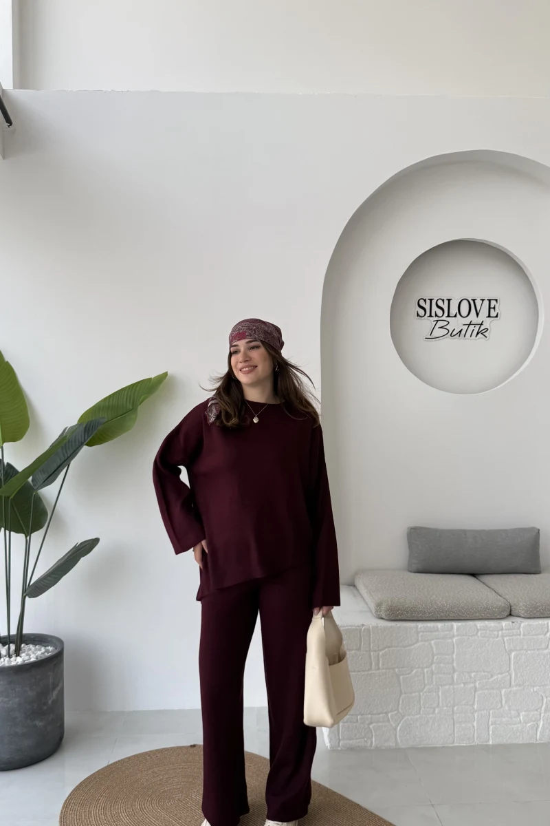 Cleo Asimetrik Kesim Triko Takım - Bordo - Kod: 04586