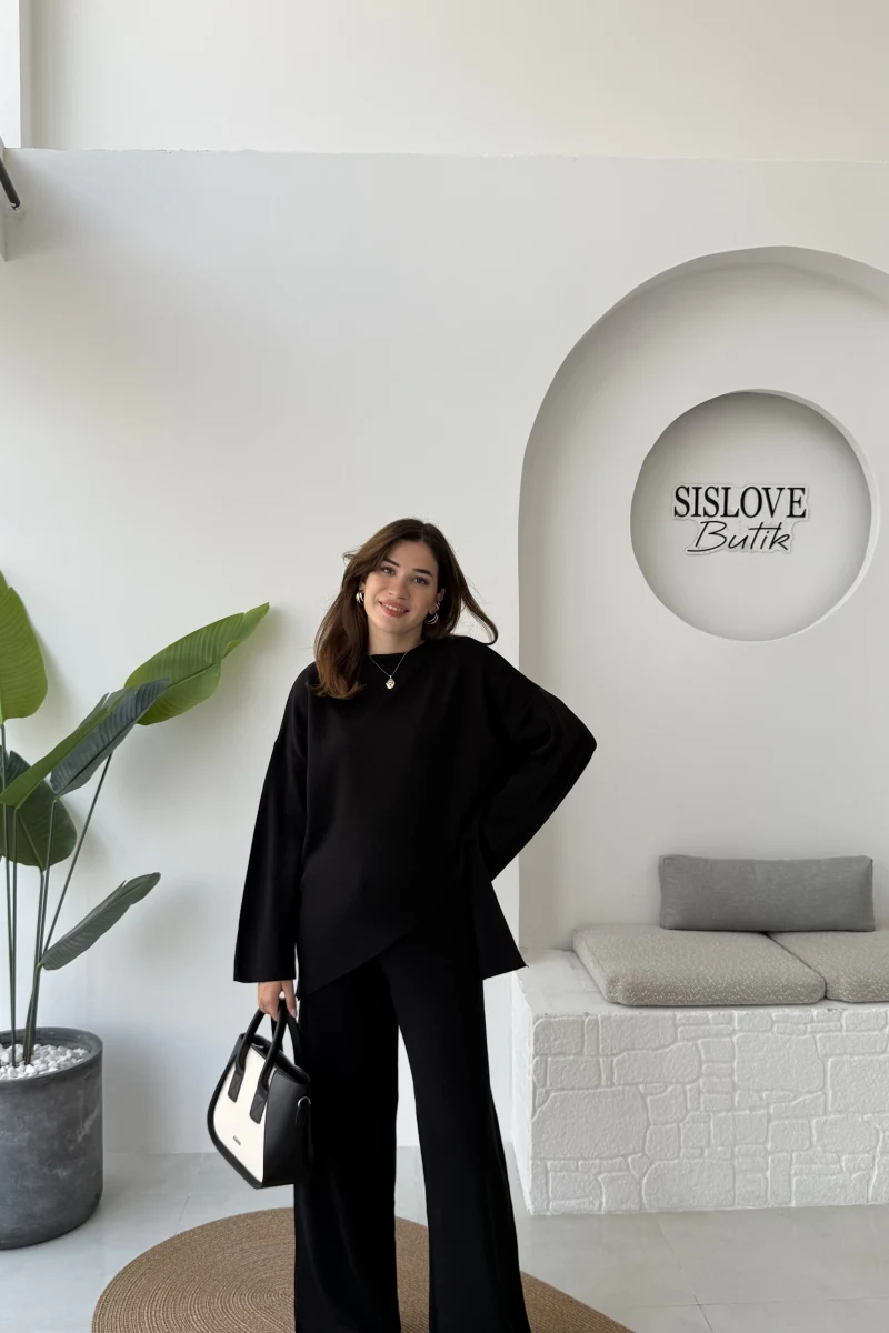 Cleo Asimetrik Kesim Triko Takım - Siyah - Kod: 04586