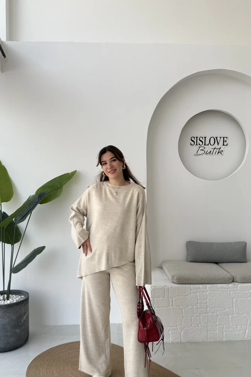 Cleo Asimetrik Kesim Triko Takım - Taş - Kod: 04586