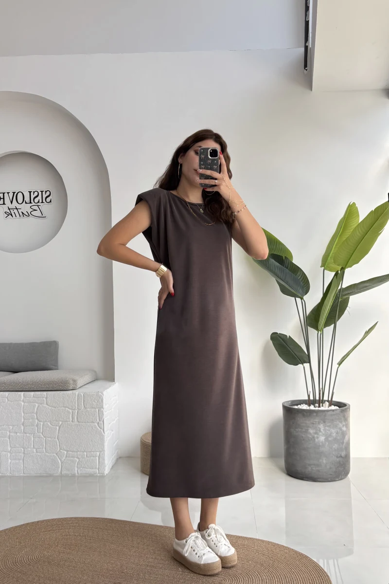 Clover Vatkalı Elbise - Kahve