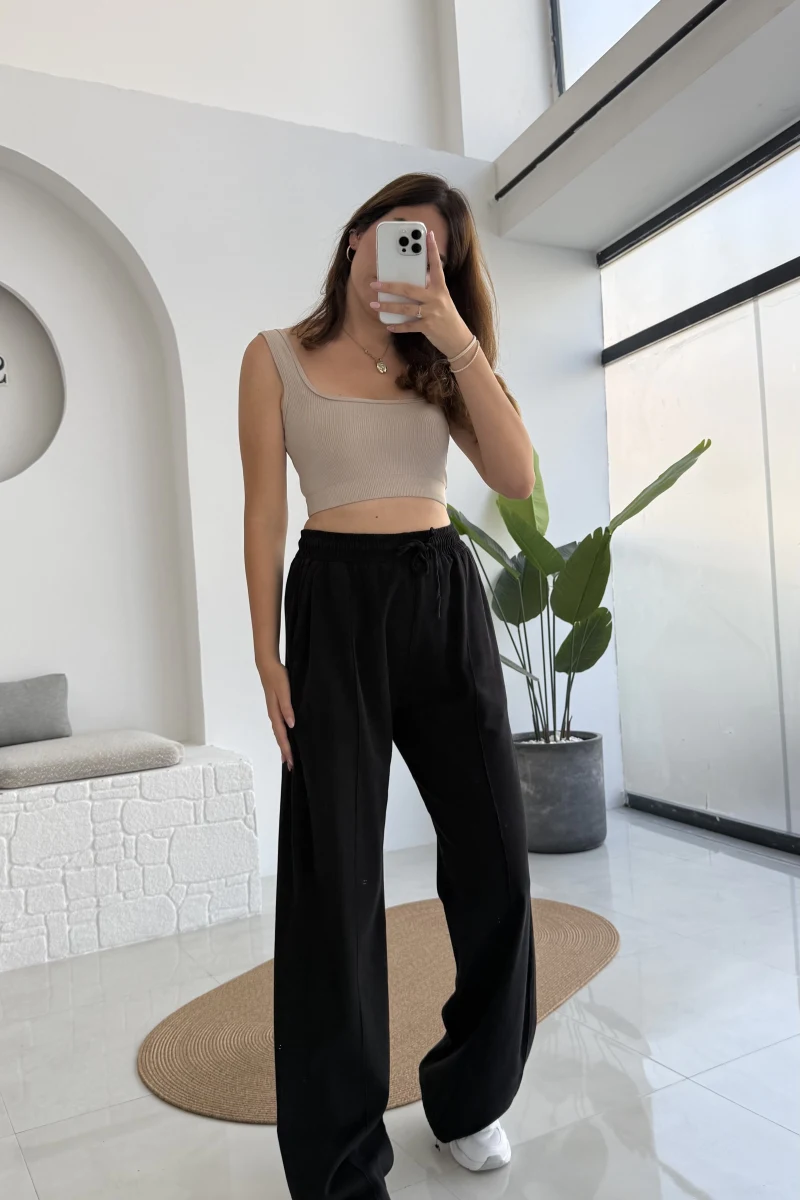 Colorado Beli Lastikli Gabardin Palazzo Pantolon - Siyah