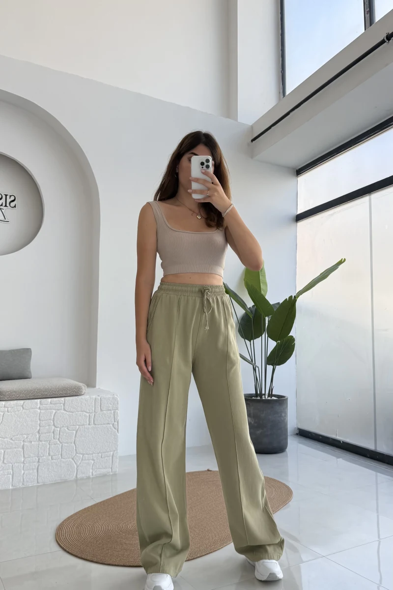 Colorado Beli Lastikli Gabardin Palazzo Pantolon - Yeşil