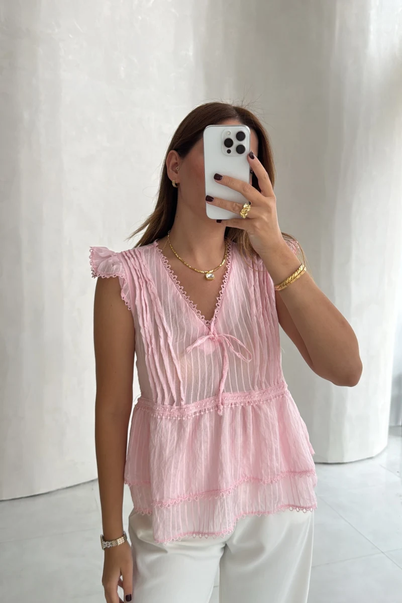 Comely Çizgili Fırfır Detay Bluz - Pembe - Kod: 1106