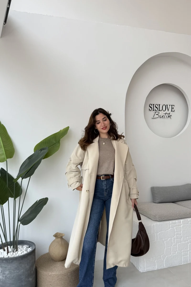 Cool Kuşaklı Cepli Trençkot Açık Taş Kod: 9419