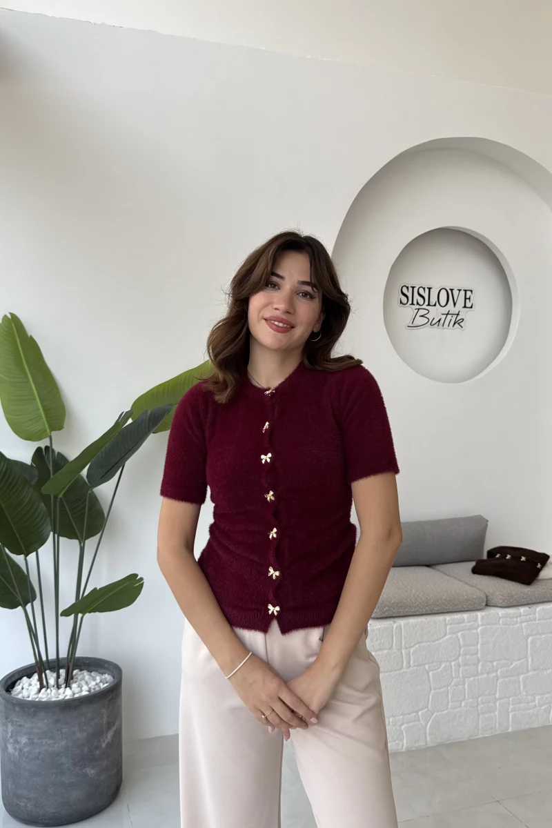 Coquette Kurdele Düğmeli Hırka - Bordo - 25033