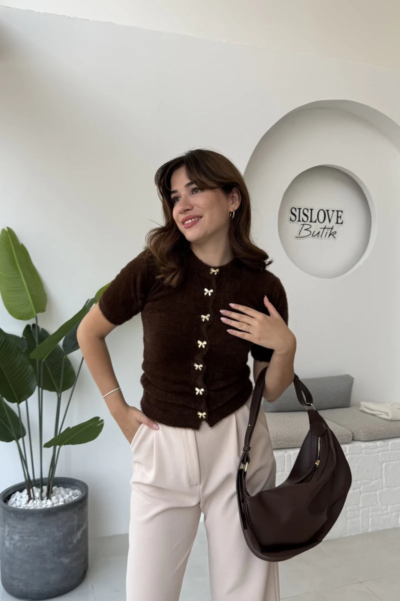 Coquette Kurdele Düğmeli Hırka - Kahverengi - 25033