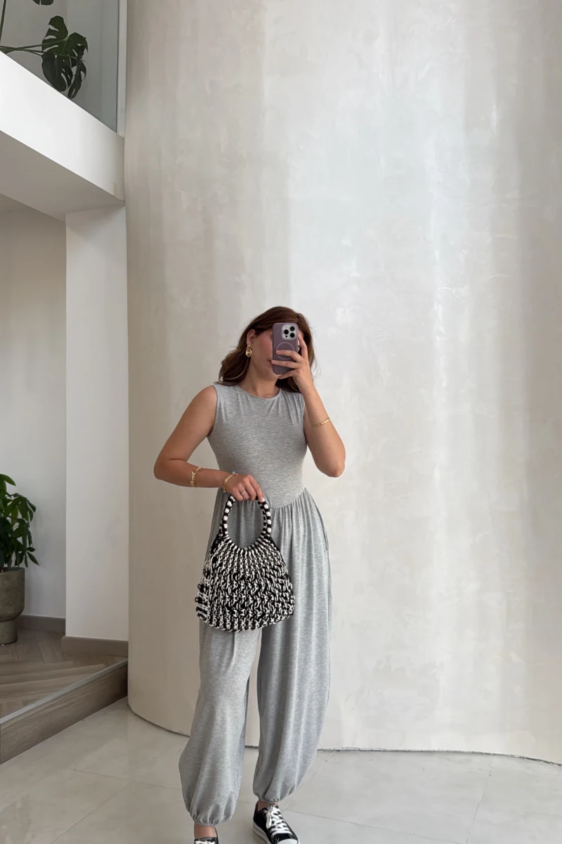 Coquette Sıfır Kol Tulum - Gri - Kod: 4144