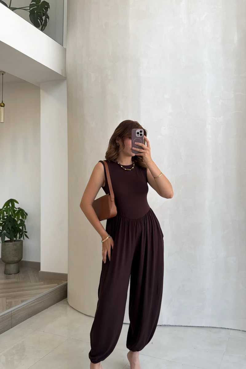 Coquette Sıfır Kol Tulum - Kahve - Kod: 4144