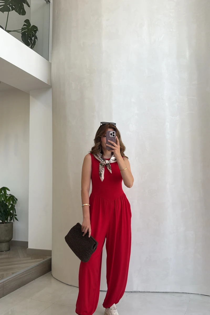 Coquette Sıfır Kol Tulum - Kırmızı - Kod: 4144