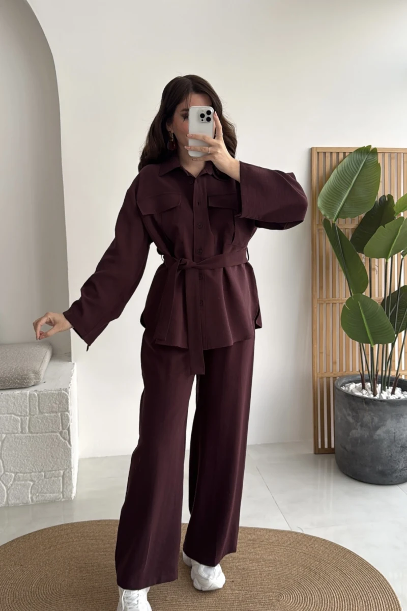 Cora Kuşaklı Oversize Tunik Gömlek Takım - Mürdüm - Kod: 8874