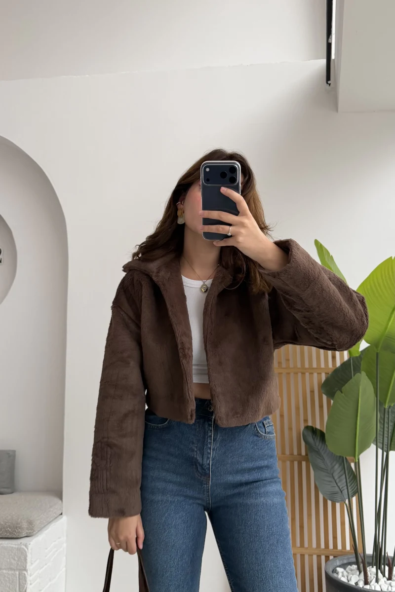 Crema Crop Kürk Mont Kahve Kod - Kod: 9620