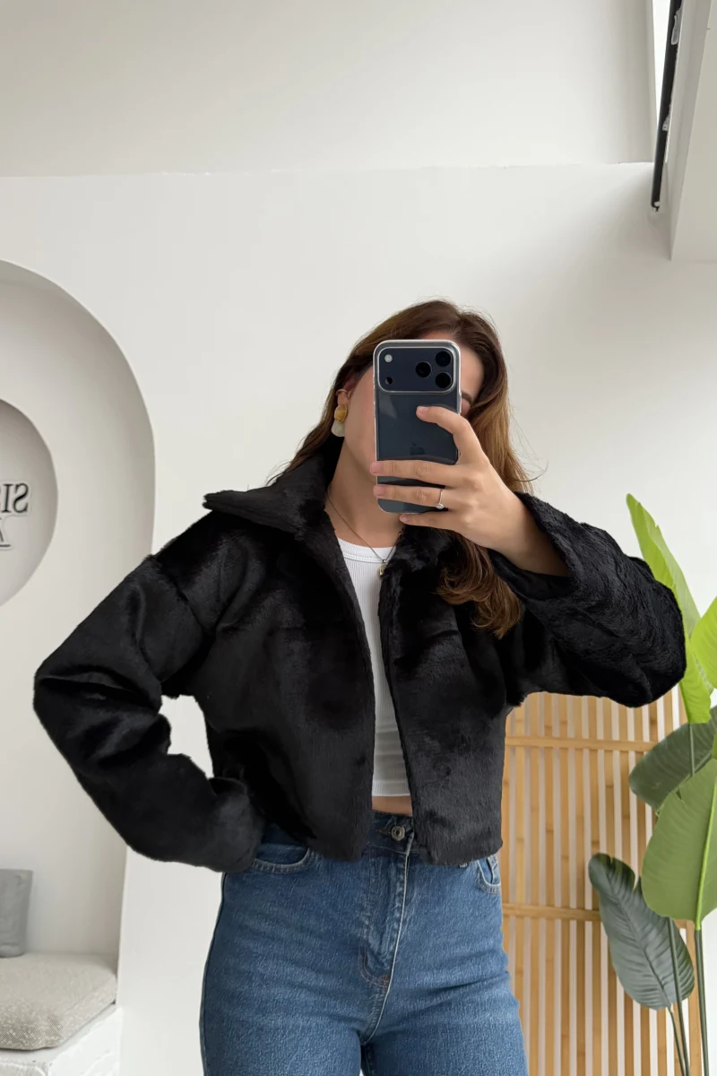 Crema Crop Kürk Mont Siyah Kod - Kod: 9620