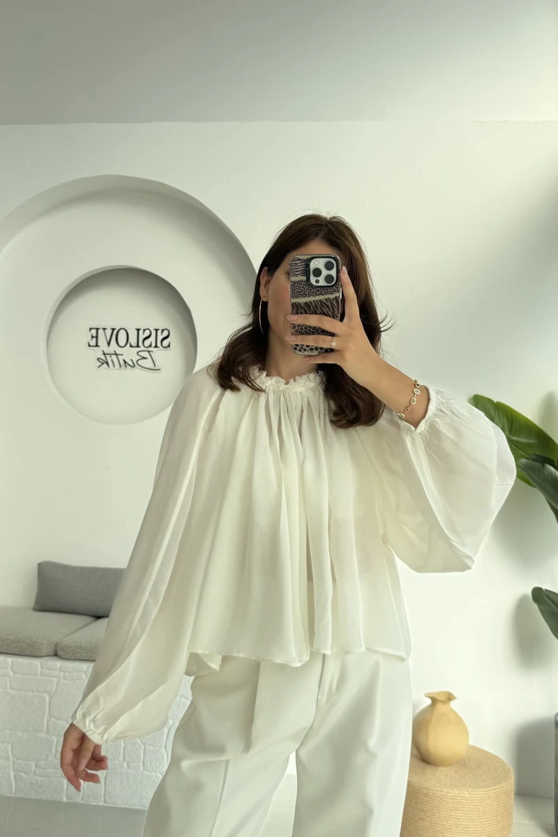 Crema Tül Bluz - Beyaz - 4959