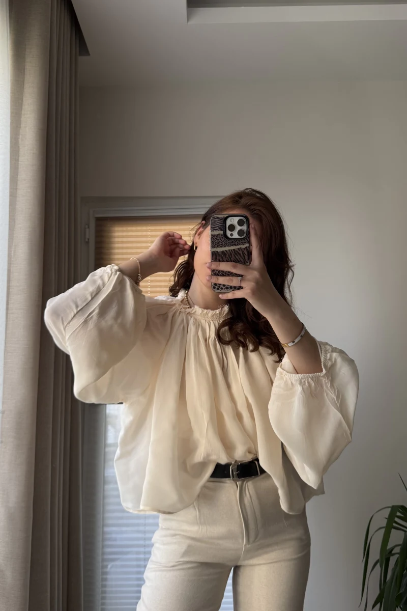 Crema Tül Bluz - Krem - 4959