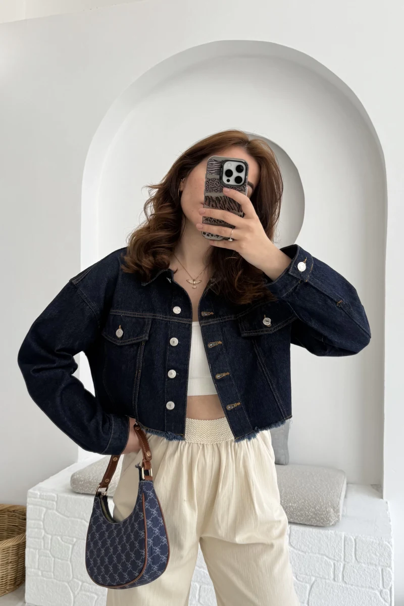 Crop Kot Ceket Koyu Mavi