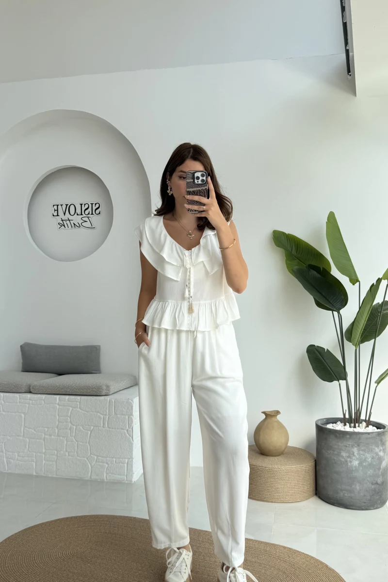 Cute Volanlı Pensli Takım - 1000-4000 - Beyaz