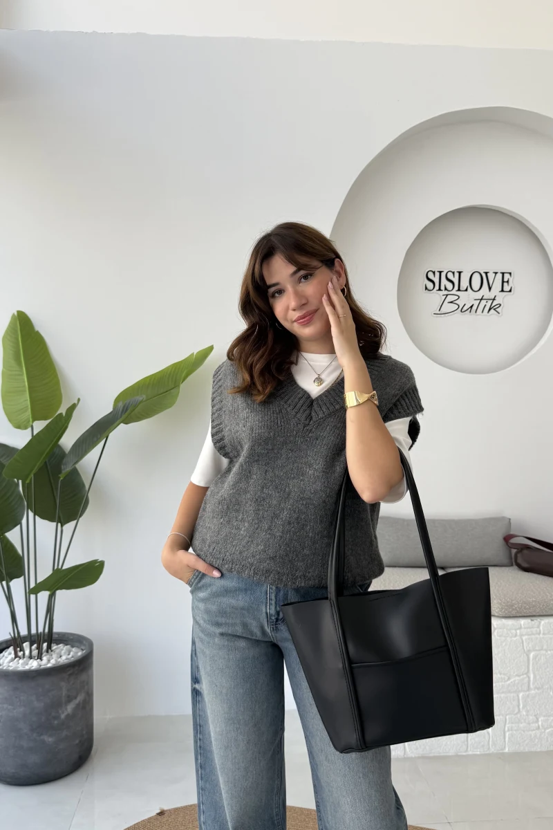 Daisy V Yaka Süveter - Antrasit - Kod: 04583