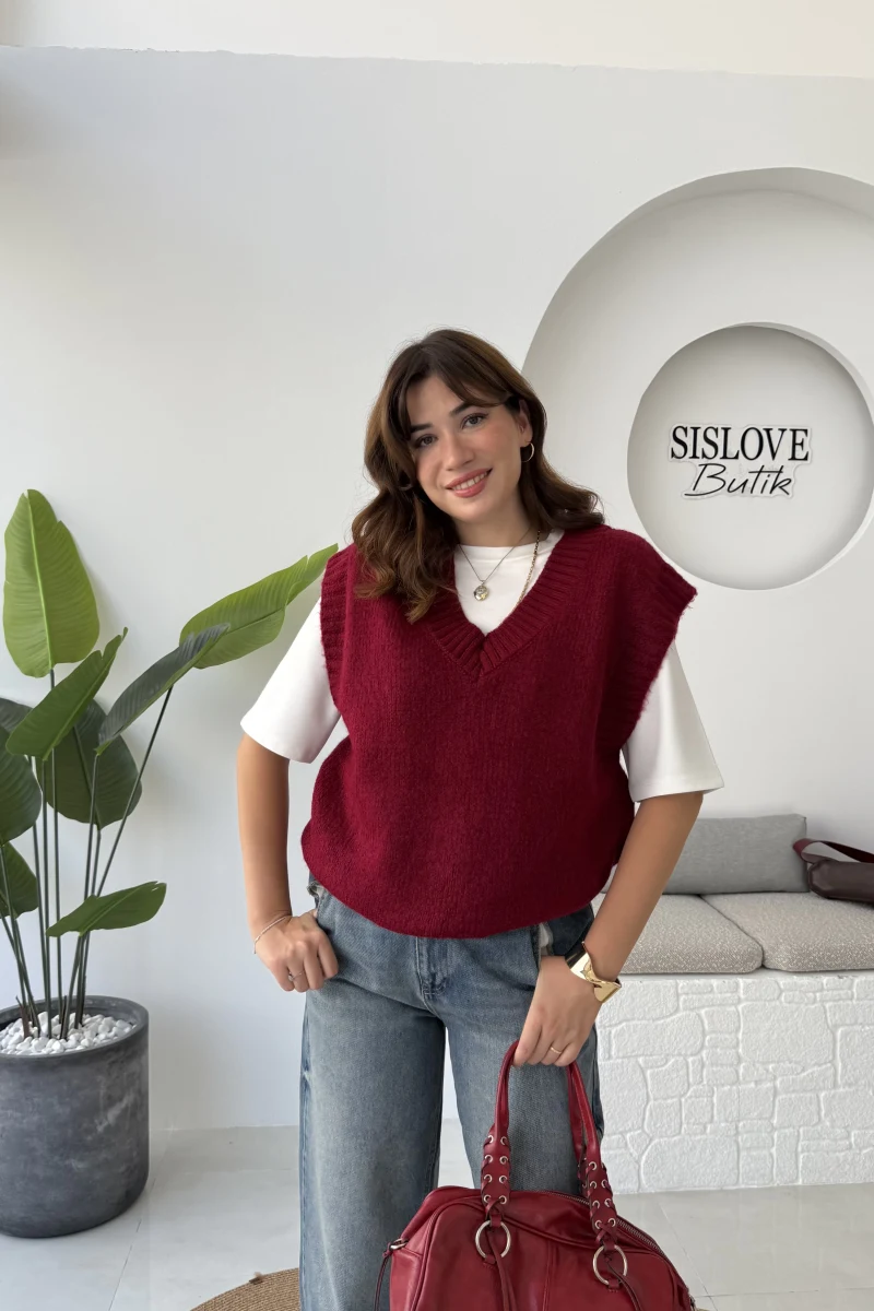 Daisy V Yaka Süveter - Bordo - Kod: 04583