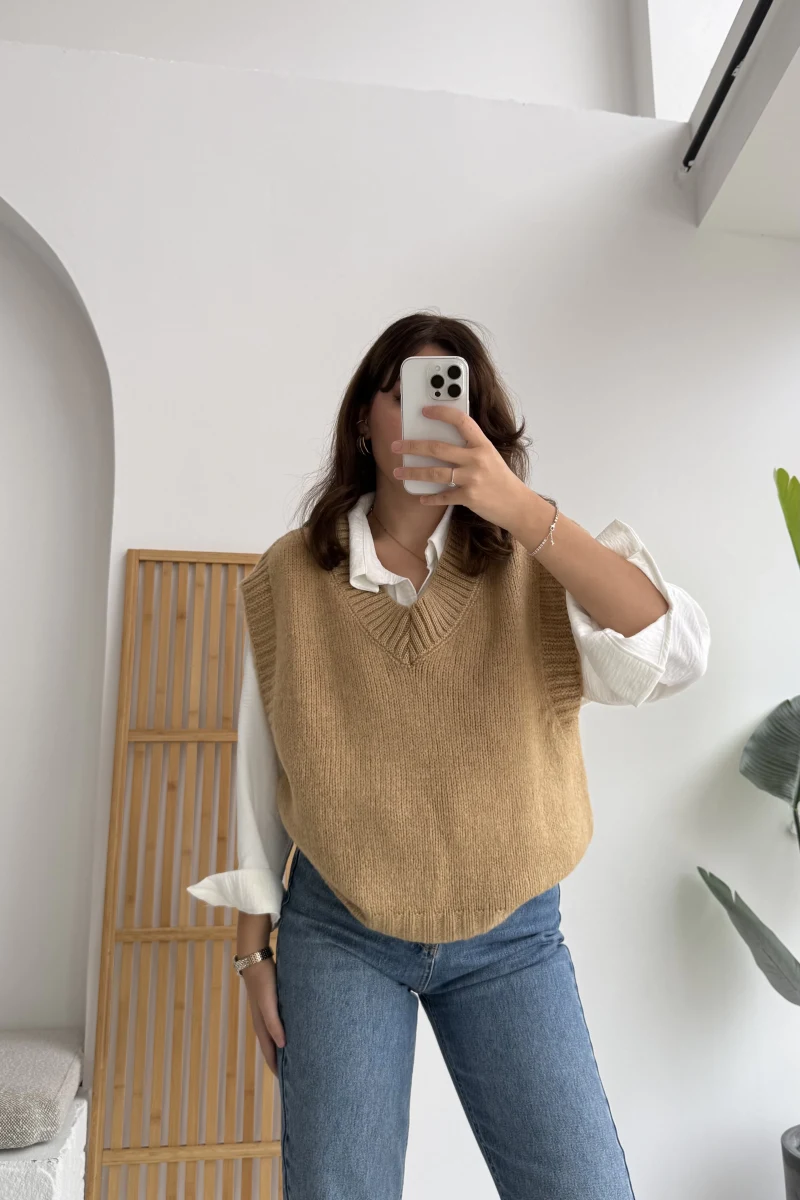 Daisy V Yaka Süveter - Camel - Kod: 04583