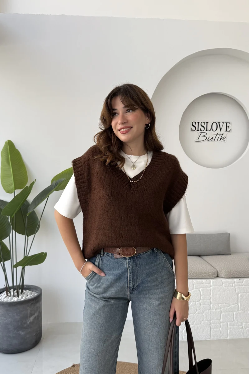 Daisy V Yaka Süveter - Kahve - Kod: 04583