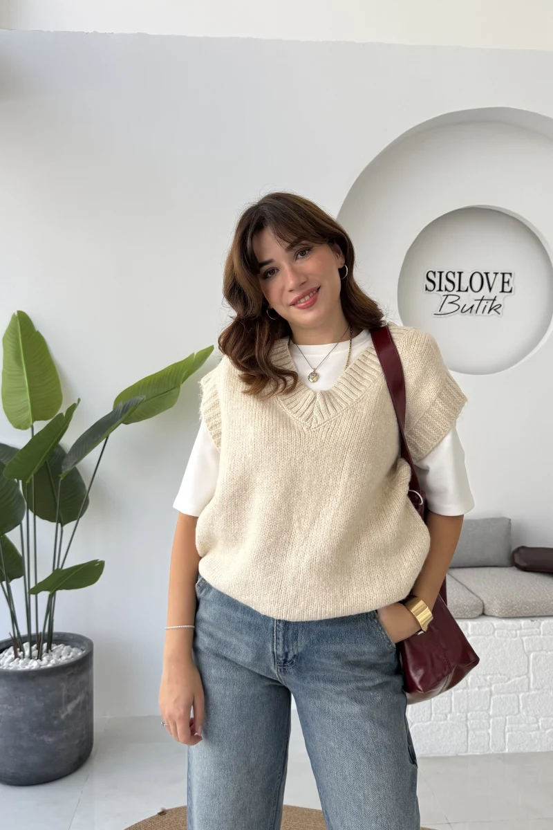 Daisy V Yaka Süveter - Taş - Kod: 04583