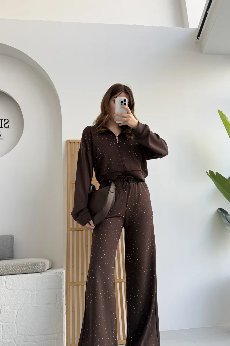 Dalia Taşlı Kapüşonlu Eşofman Takım - Acı Kahve