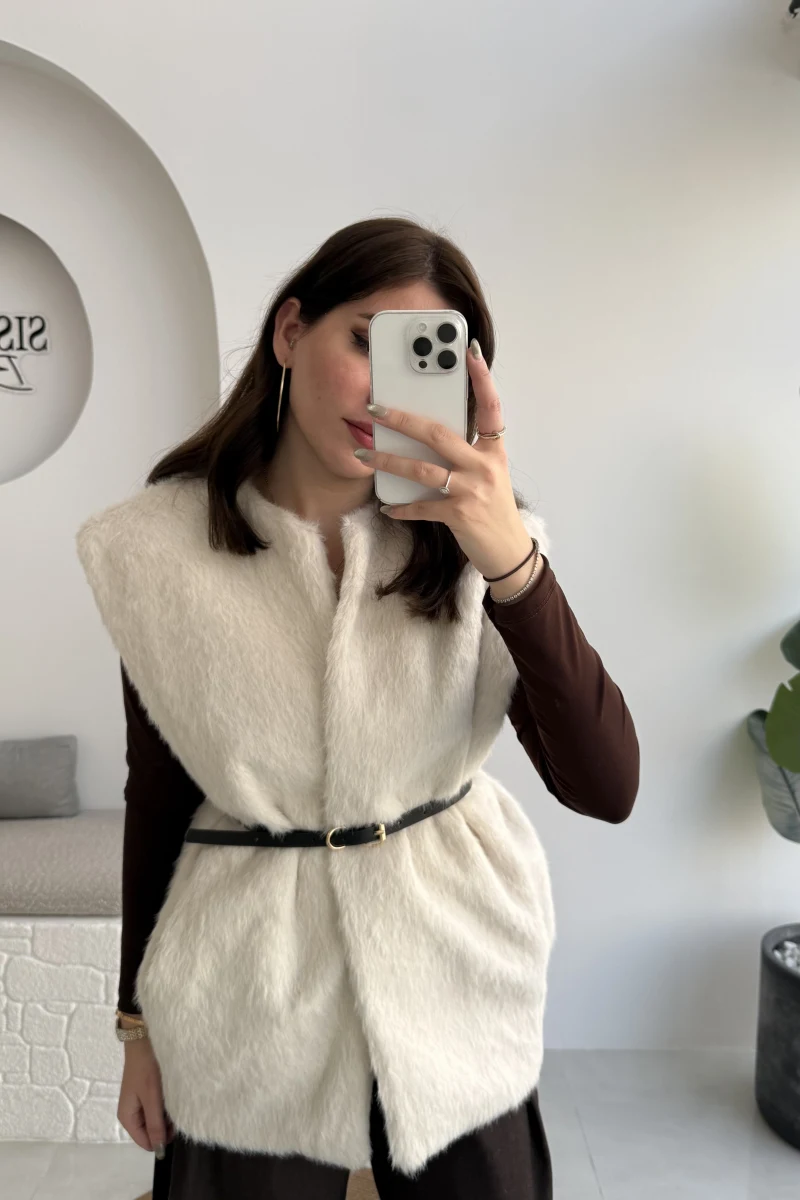 Daniella Kemerli Peluş Yelek - Ekru - Kod: 25500