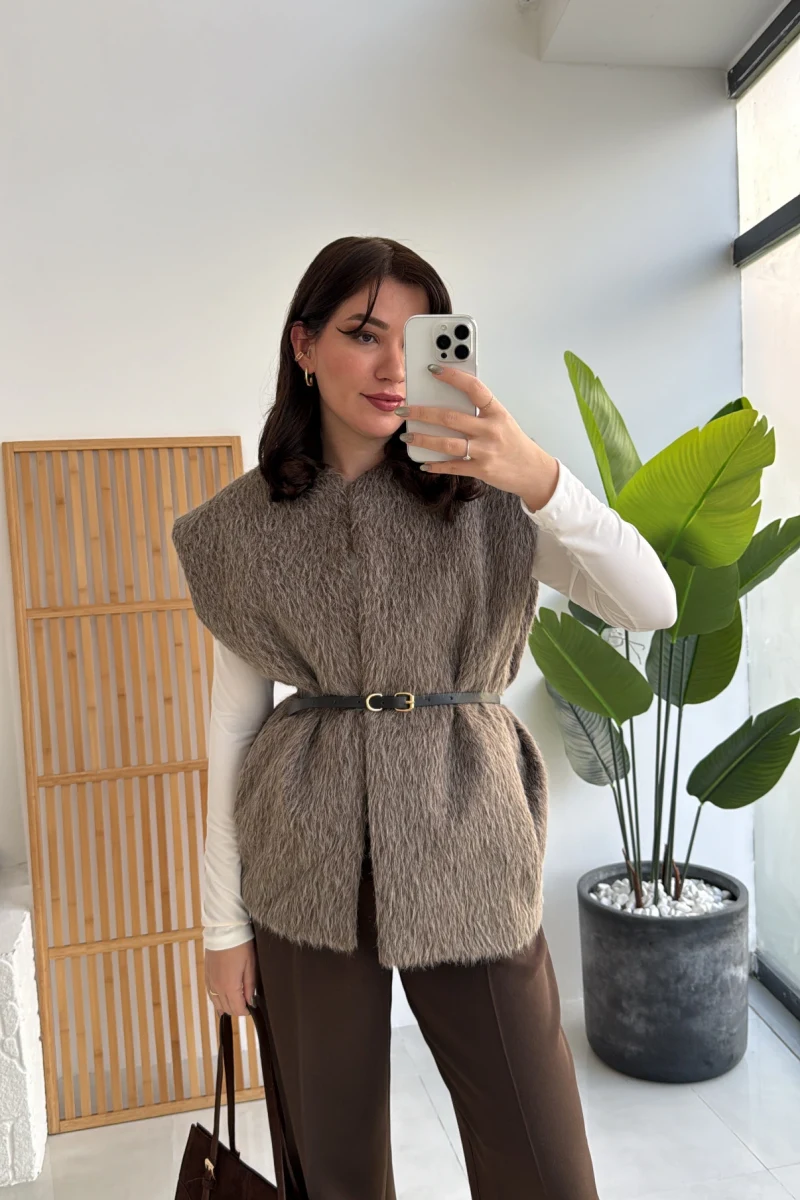 Daniella Kemerli Peluş Yelek - Vizon - Kod: 25500
