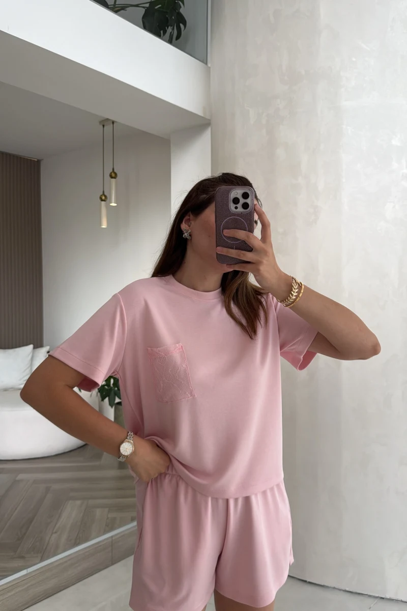 Dantel Cepli Şortlu Takım - Pembe - Kod: 4138