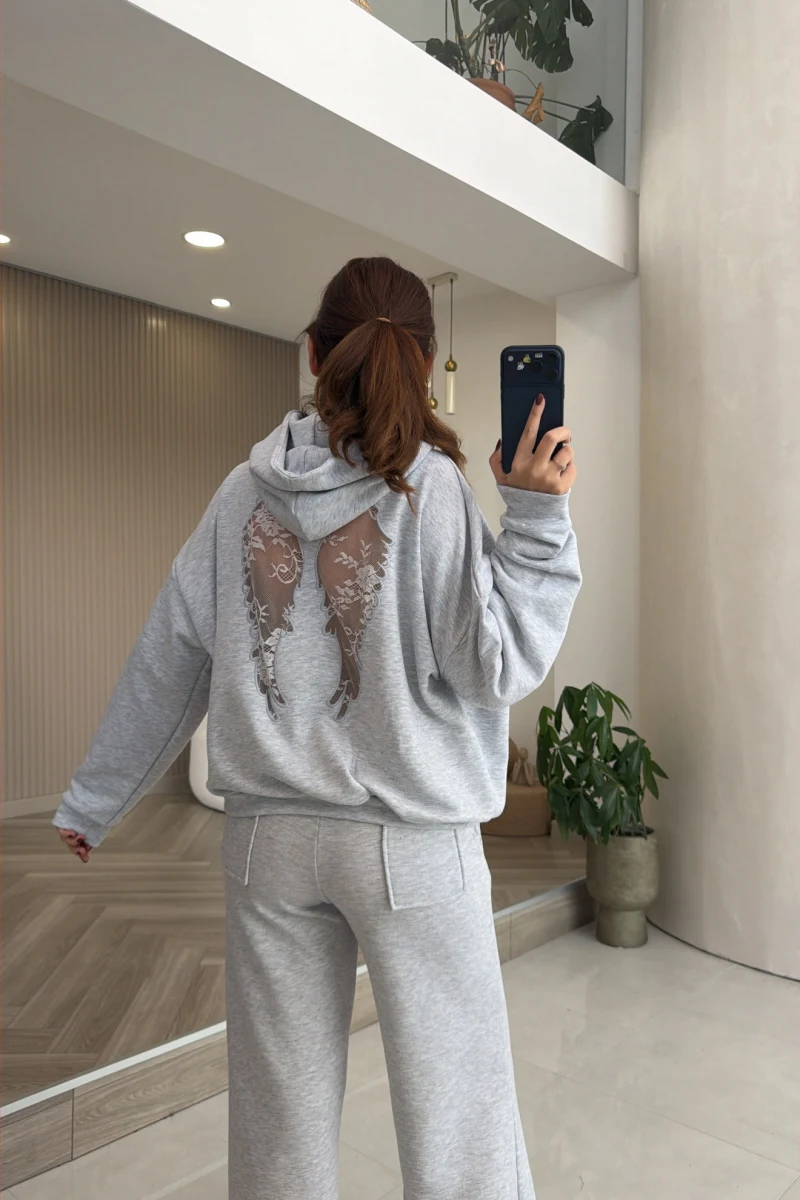 Dantelli Melek Kanat Desenli Sweatshirt - Gri - Kod: 4195
