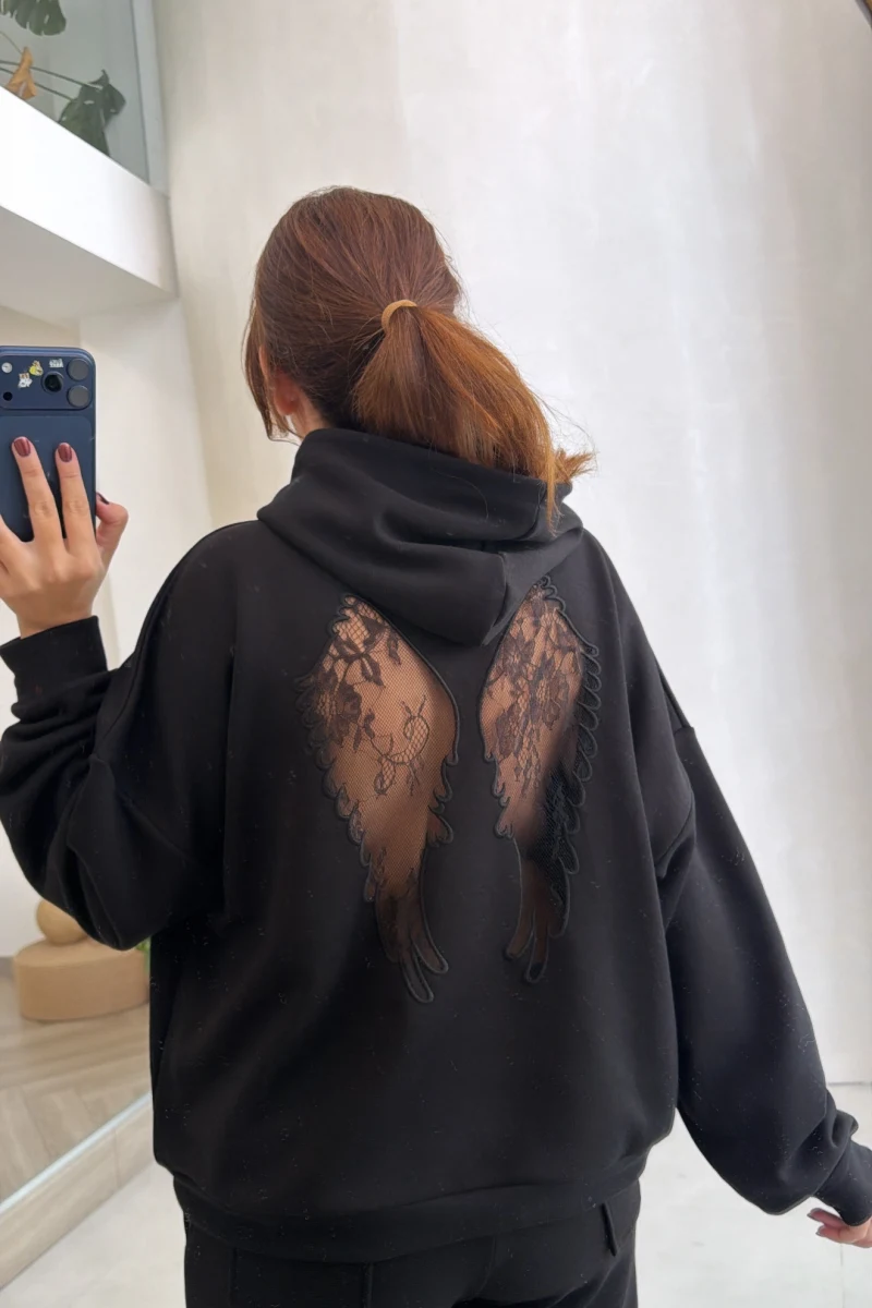 Dantelli Melek Kanat Desenli Sweatshirt - Siyah - Kod: 4195