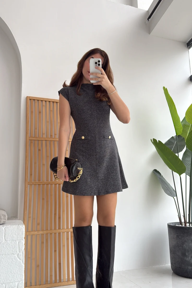 Darell Triko Kısa Elbise - Antrasit